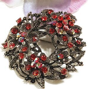 Vintage Red Flower Brooch Pin Brass Tone Openwork Floral Branches Leaves Lapel
